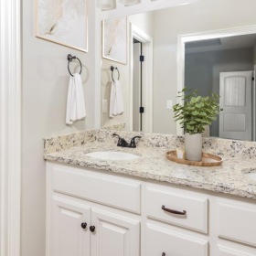 Find your perfect fit at Tall Grass Pleasant Hill Apartments - Bathroom With Wood-Style Flooring, Granite Countertops, Large Mirror, Dual Sinks, Modern Decor, And Walk-In Glass Door Shower.