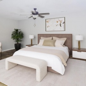 Bedroom options to fit every lifestyle vaulted ceiling in a spacious bedroom with ceiling fan and light fixture