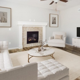 Spacious and well-lit living spaces a living room with a fireplace